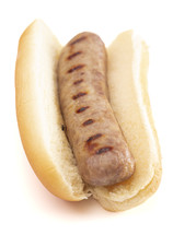 Grilled Bratwurst in a Hotdog Bun Isolated on a White Background