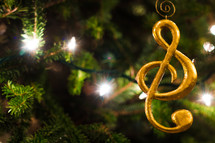 Gold Treble Clef Ornament with Christmas Tree