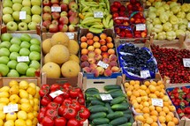 Fruit and vegetables at a market stall.