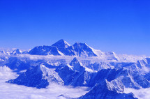 Snow on Himalaya mountain peaks including Mr Everest 
