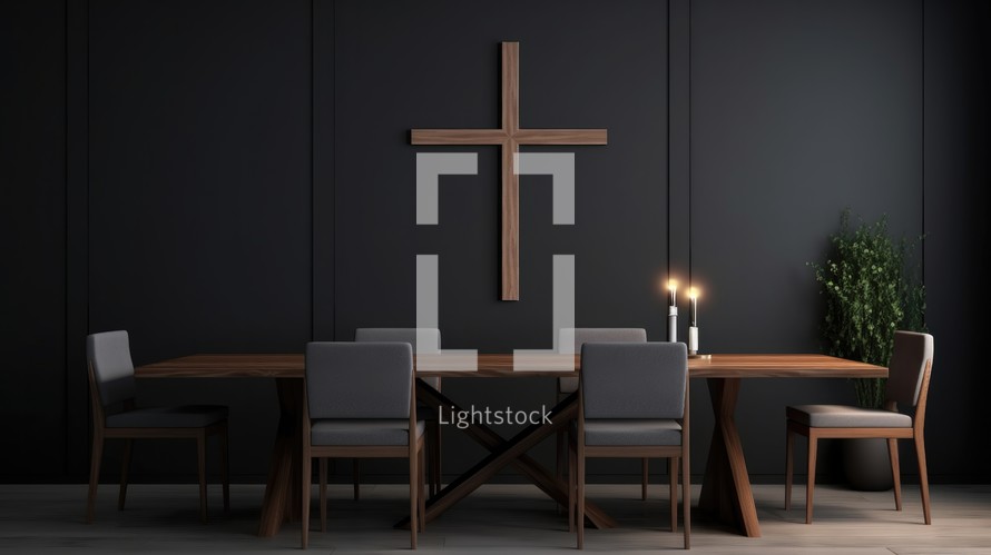 Interior of modern dining room with wooden table and chairs. Christian home interior