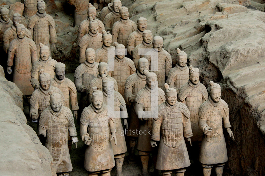 Terra cotta statues of ancient Chinese warriors.