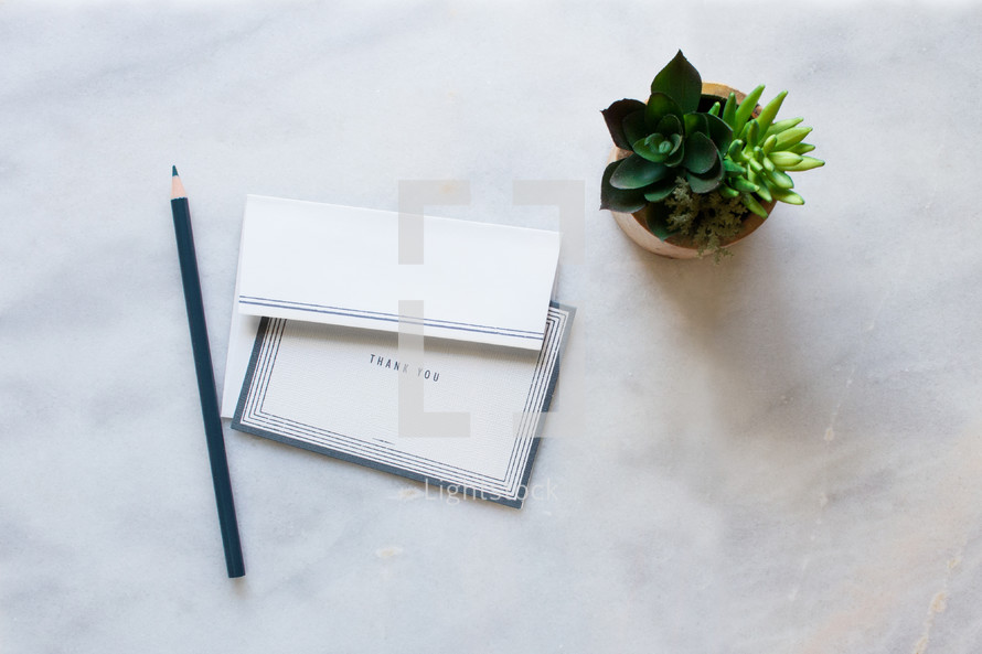 Pencil, stationary, thank you note, thank you card, house plant on a white marble counter top.