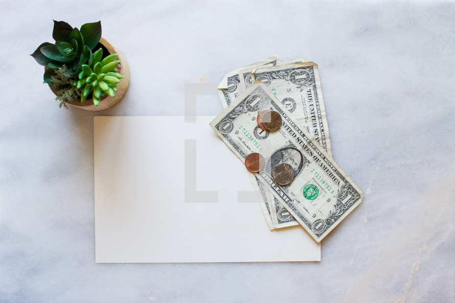Money, blank paper, and house plant on a white marble counter top. 