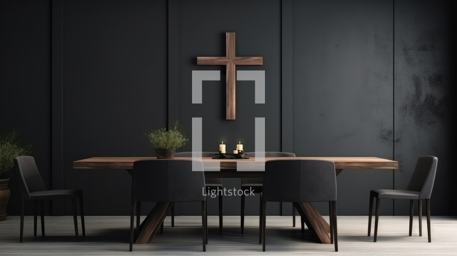 Interior of modern dining room with wooden table and black chairs. Christian home interior