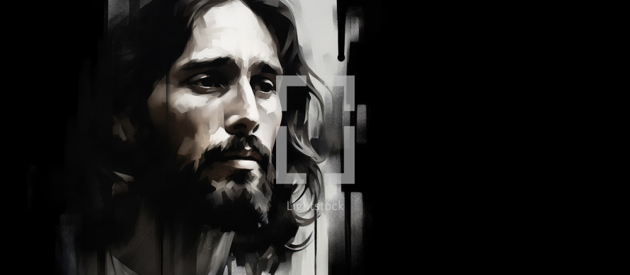 Portrait of Jesus Christ with black background and copy space