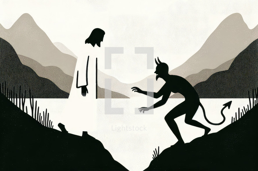  Illustration of a silhouette of devil tempting Jesus in the mountains
