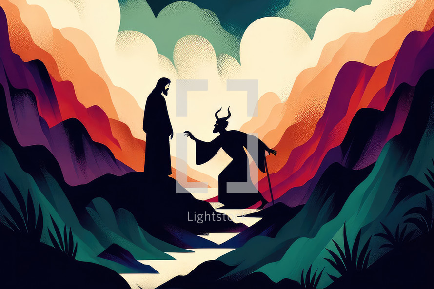  Jesus christ tempted by the devil. Colorful illustration
