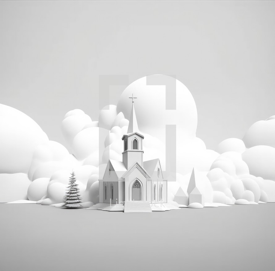 White christian church in the clouds, 3d render illustration.