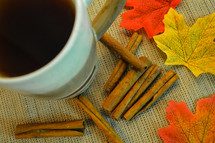 Apple Cider and Cinnamon Sticks with Autumn LEaves 