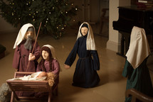 Christmas tree, figurines, Mary, Joseph, Baby Jesus, Christmas, church 