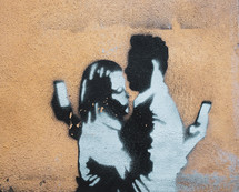 street art of people passing by talking on cellphones 