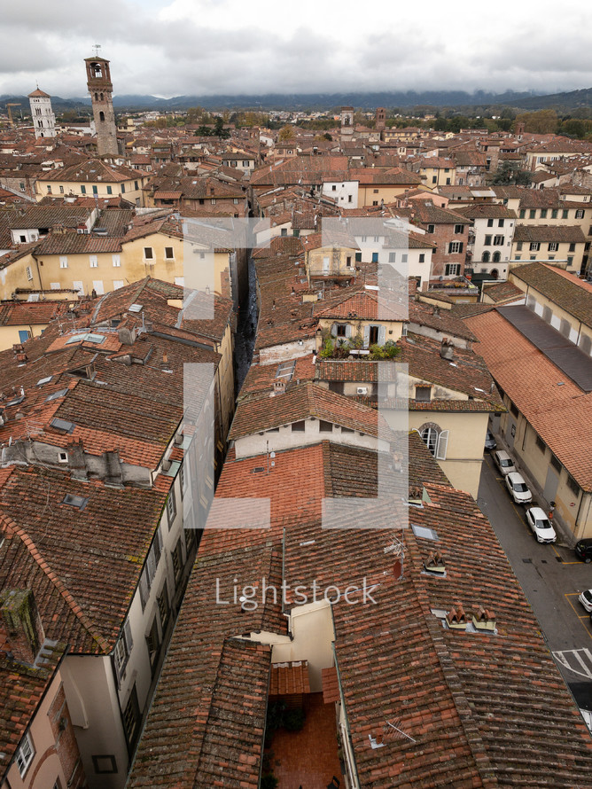 aerial view over tile roofs 