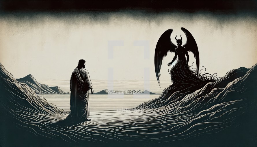 The temptation of Jesus by Satan in the Judean Desert. Life of Jesus. Silhouette of Jesus and Satan in the mountains. Digital illustration.