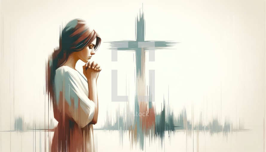 Illustration of a woman praying in front of a cross