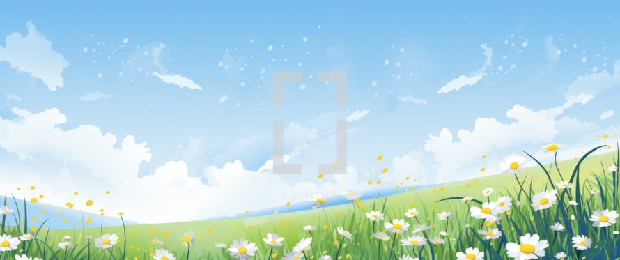Spring meadow background with daisies and clouds.