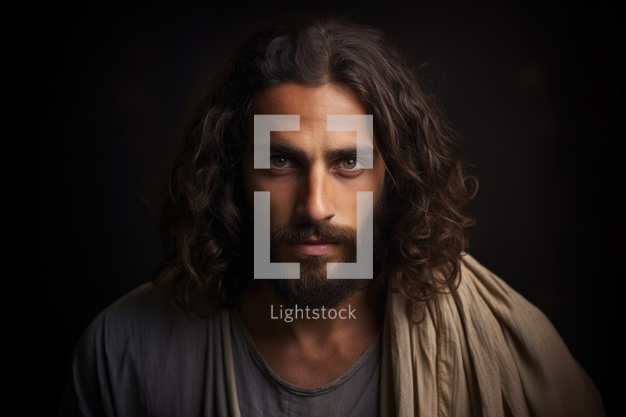 Ultra-realistic portrait of Jesus Christ on dark background