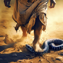 Jesus stomps on the serpent.