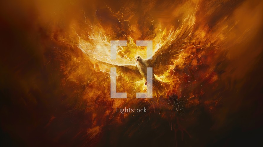 Holy spirit, Dove in flames. White dove in fire flames. Fire background. Digital illustration.

