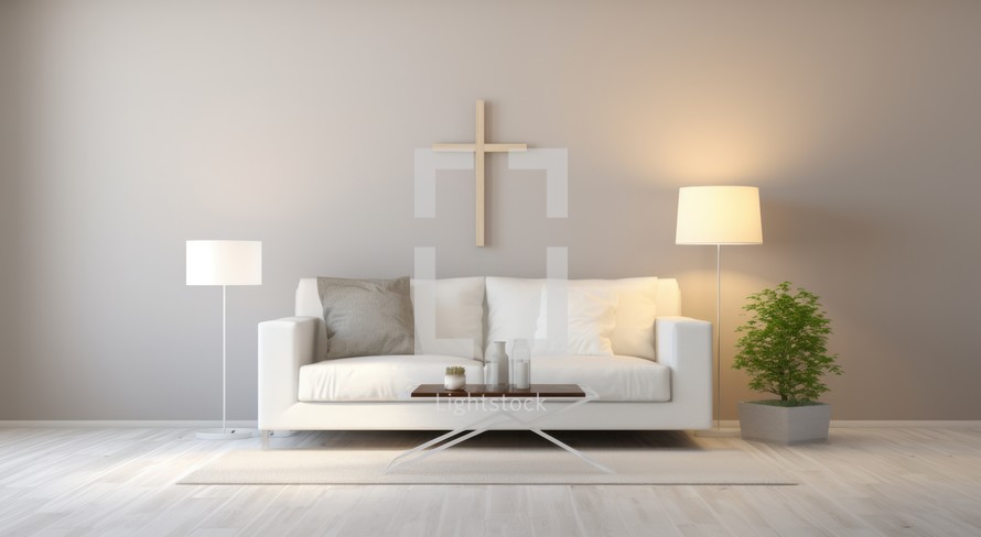 Living room with christian cross, white sofa, coffee table, lamps and plants. Christian home interior