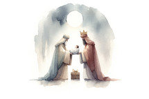 Nativity scene with Jesus and the wise men. Digital watercolor illustration