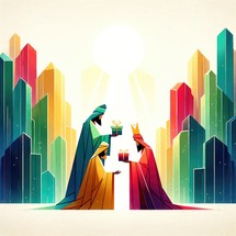 Colorful illustration of the three wise men with gifts