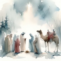 Watercolor painting of the visit of the Three Wise Men