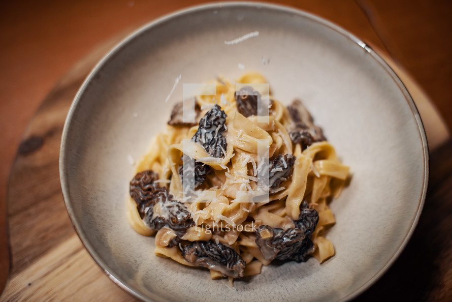 Wild Morel Mushrooms Homemade Pasta with Parmesan Cheese