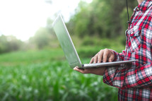 young farmer sitting and checking his corn field and working on laptop computer under the tree,
