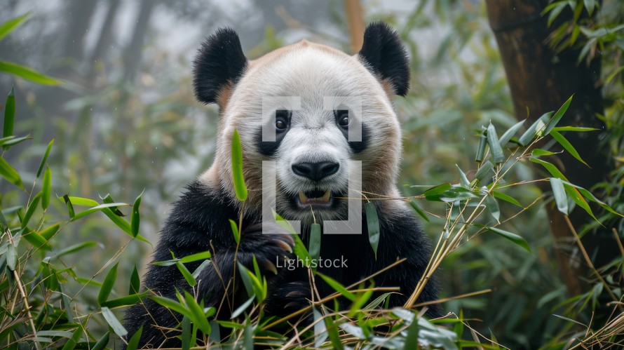 A Giant Panda bear is seen munching on bamboo sticks in a dense forest setting. The pandas black and white fur contrasts with the lush green foliage as it enjoys its meal.