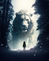 Jesus, the Lion. Little girl standing in front of a big white lion in the forest.