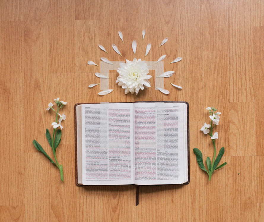white flowers and Bible open to John 