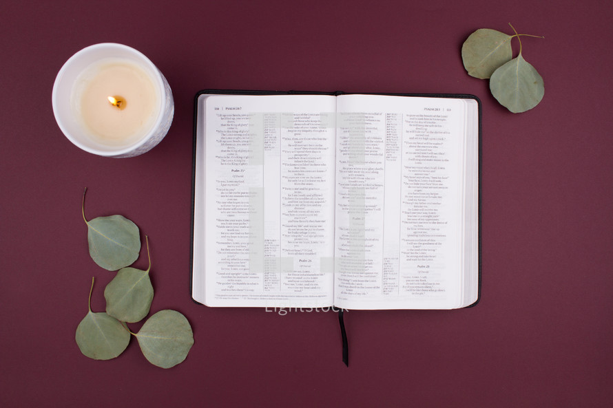 candle, leaves, and open Bible on a maroon background 