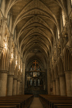 Roman Catholic Cathedral in Norwich, large church hall with pillars and stunning historic architecture