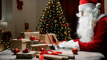 Santa Claus writing on Pc under Christmas tree