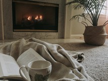 reading a book by a fire