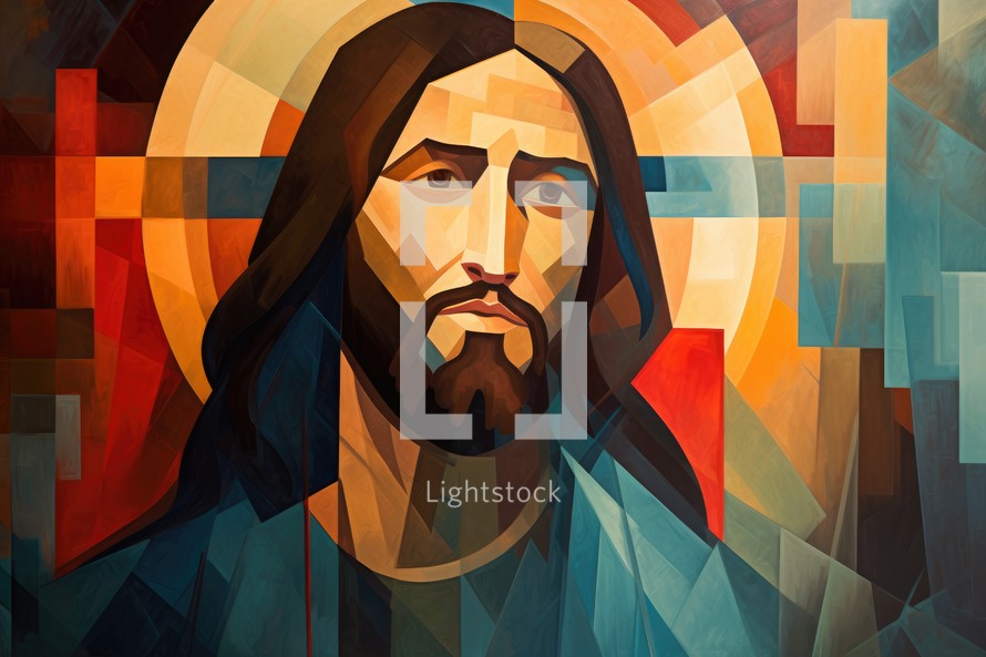 Illustration of Jesus Christ with abstract colorful background, digital painting.