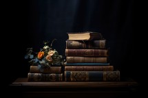 Old books and flowers on a wooden table in the dark