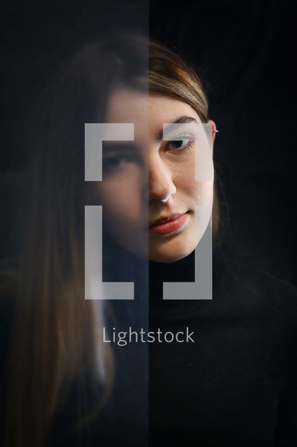 Closeup Portrait Young Woman Seen Through Semi-Opaque Glass