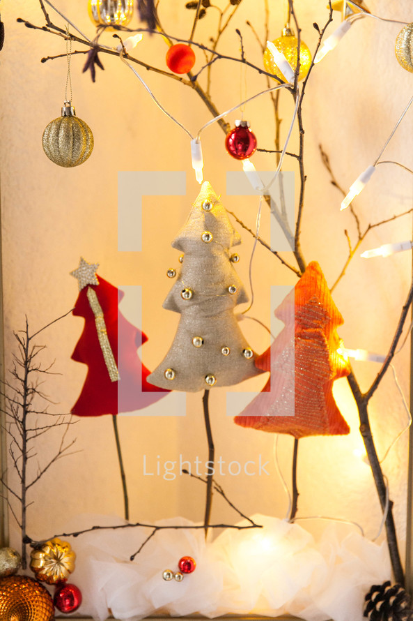 Christmas tree decorations in a frame 