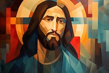 Illustration of Jesus Christ with abstract colorful background, digital painting.