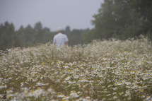 a man walking through a field of wildflowers 
