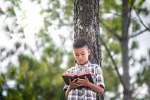 a boy reading a Bible in a forest 