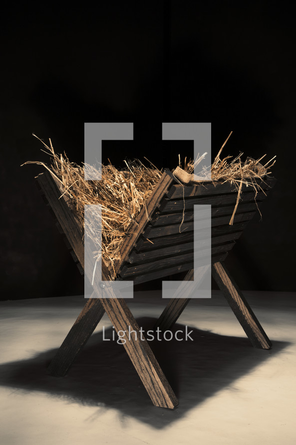 Empty manger filled with hay. 