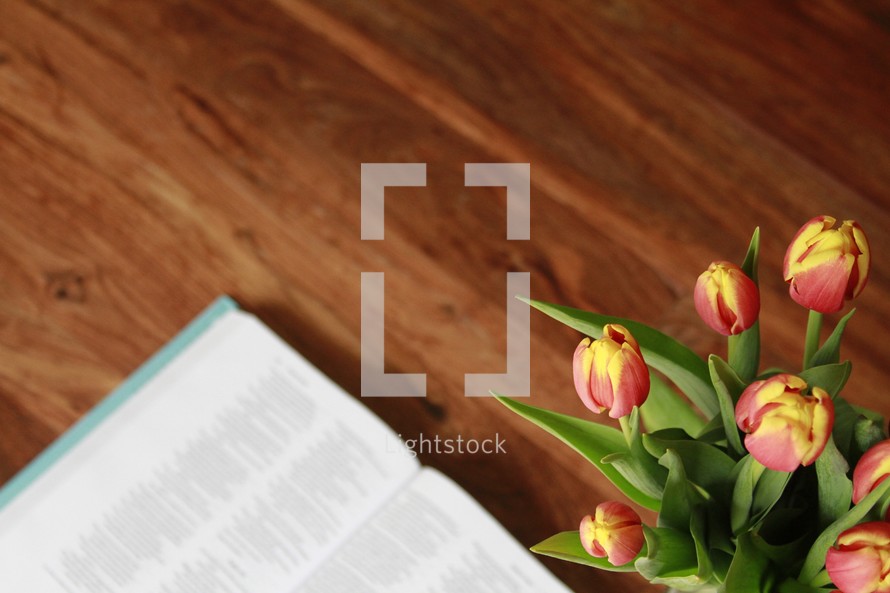 Open Bible and flowers on a wood table