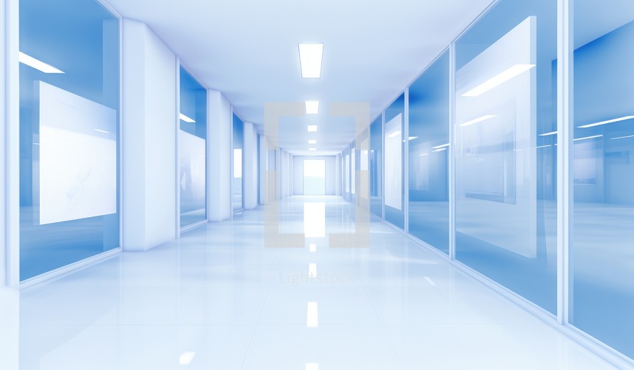 Modern corridor with blue walls and white floor. Conceptual and abstract