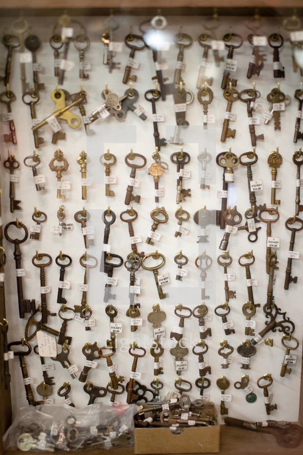 Display of vintage keys.