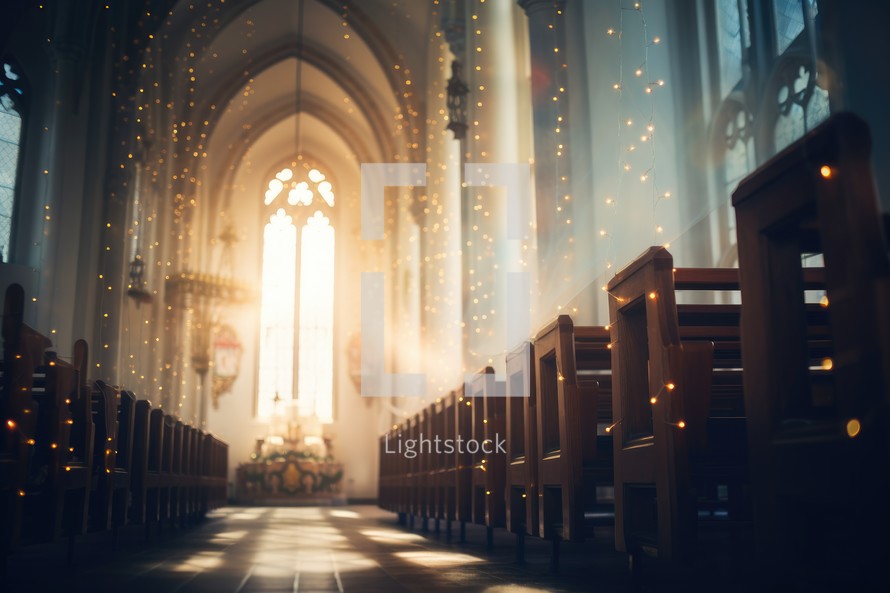 Church interior with bokeh light, vintage tone