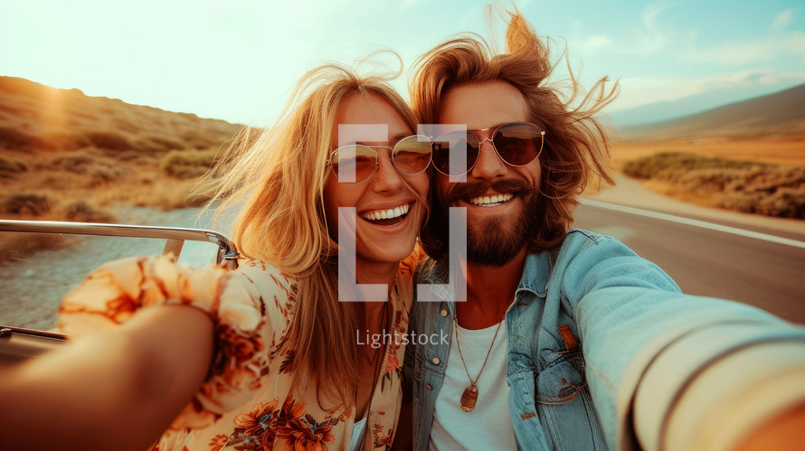 Happy young couple taking selfie on the road on a sunny day. Travel and adventure concept.