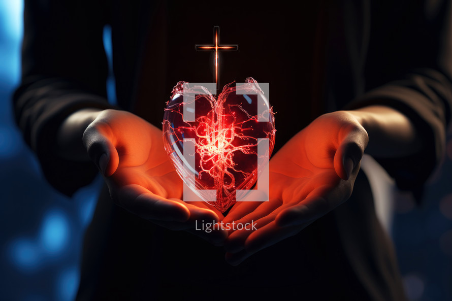Close up of woman hands holding luminous heart with christian cross on dark background